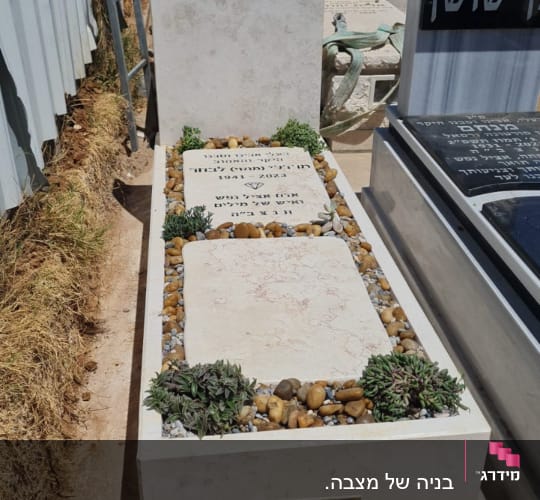 מצבות עם כיתוב בעברית ואבנים קטנות סביבן
